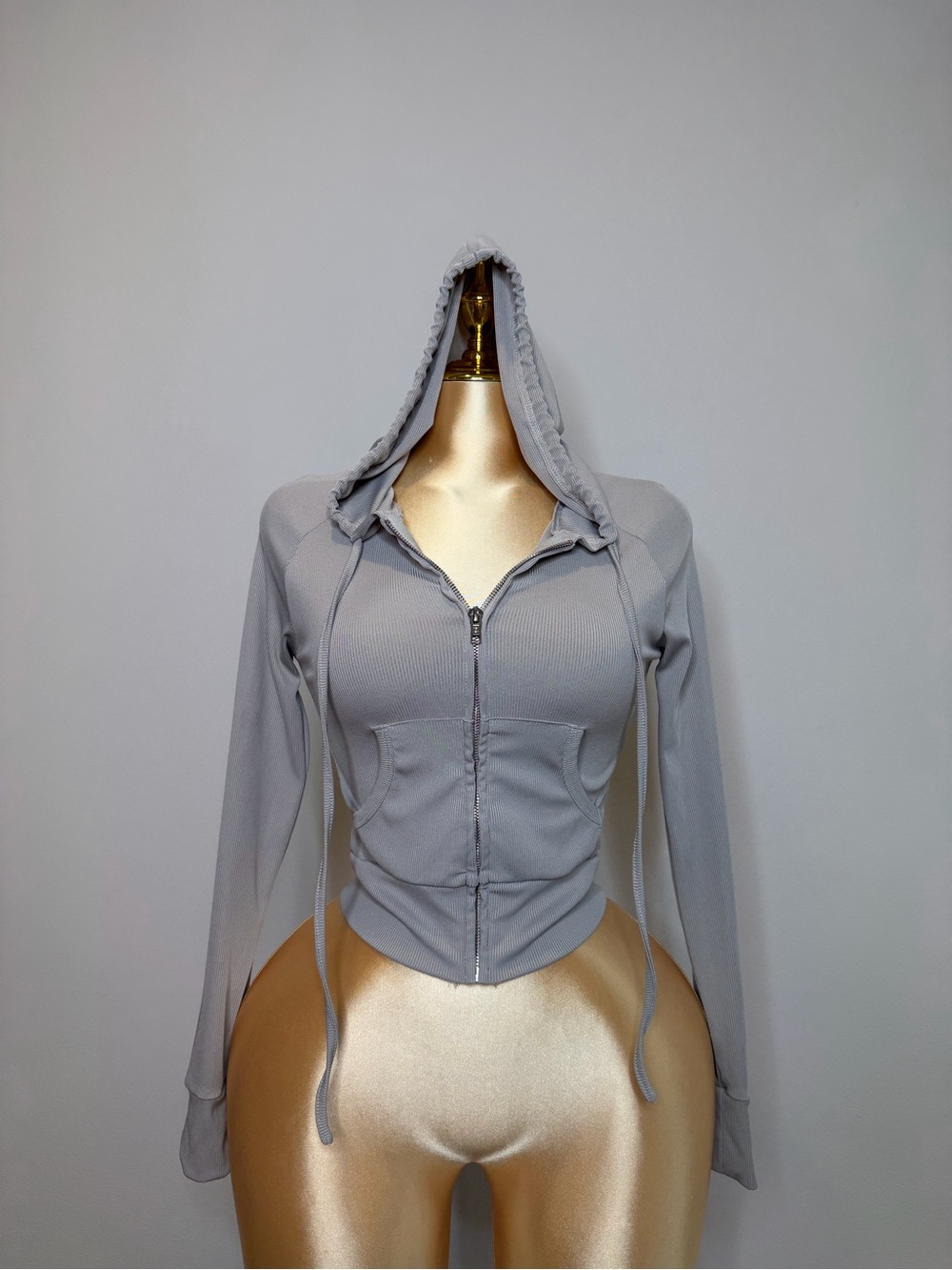 Gray Ribbed Fitted Zip-Up Hoodie